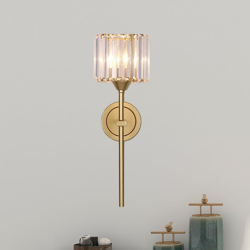 Gold Cylindrical Wall Lamp With Clear Crystal Block Sconce - Simplicity Design