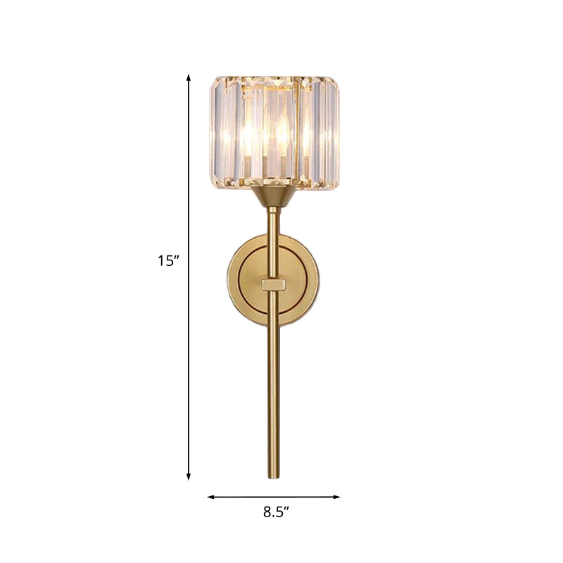 Gold Cylindrical Wall Lamp With Clear Crystal Block Sconce - Simplicity Design