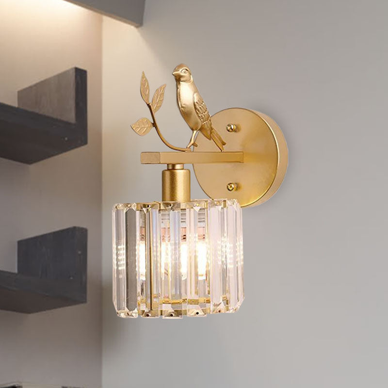 Minimalist Black/Gold Wall Sconce With K9 Crystal Cylinder And Bird Detail - 1 Bulb Light Gold