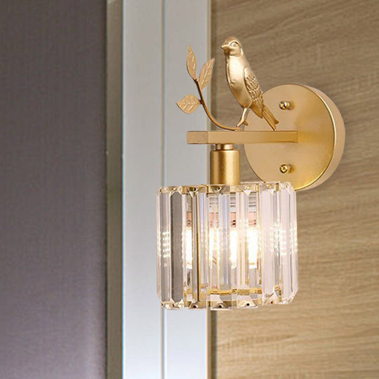 Minimalist Black/Gold Wall Sconce With K9 Crystal Cylinder And Bird Detail - 1 Bulb Light