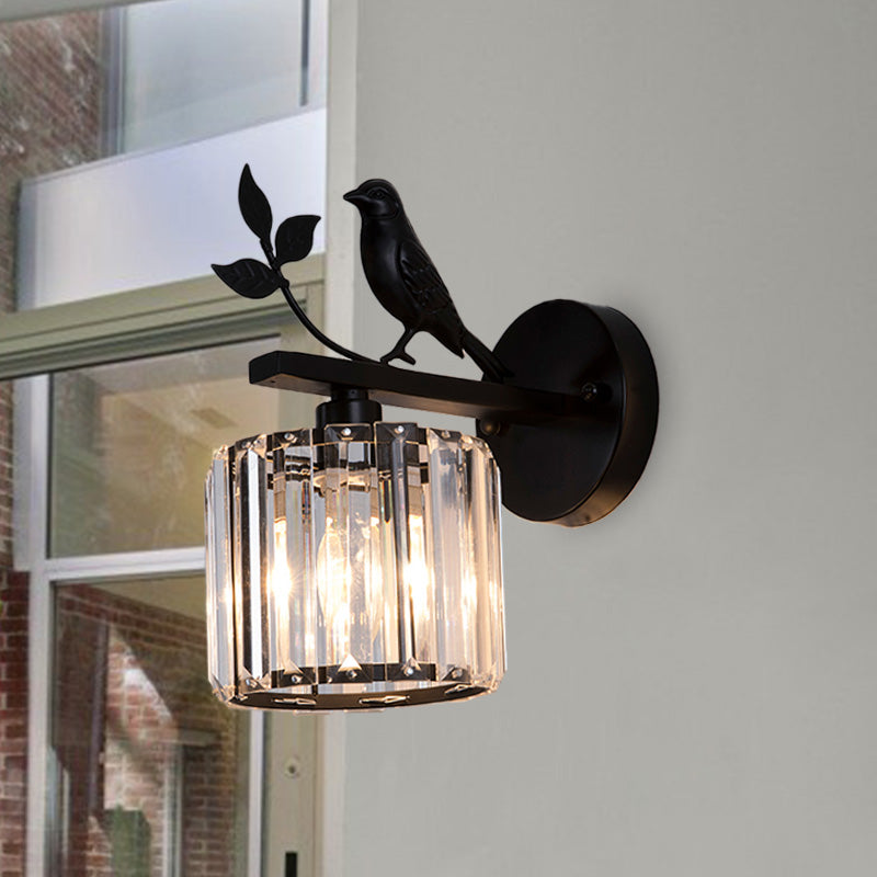 Minimalist Black/Gold Wall Sconce With K9 Crystal Cylinder And Bird Detail - 1 Bulb Light Black