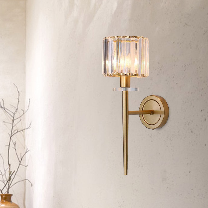 Gold Crystal Block Wall Sconce With Iron Pencil Arm - Cylindrical Design 1 Light Fixture