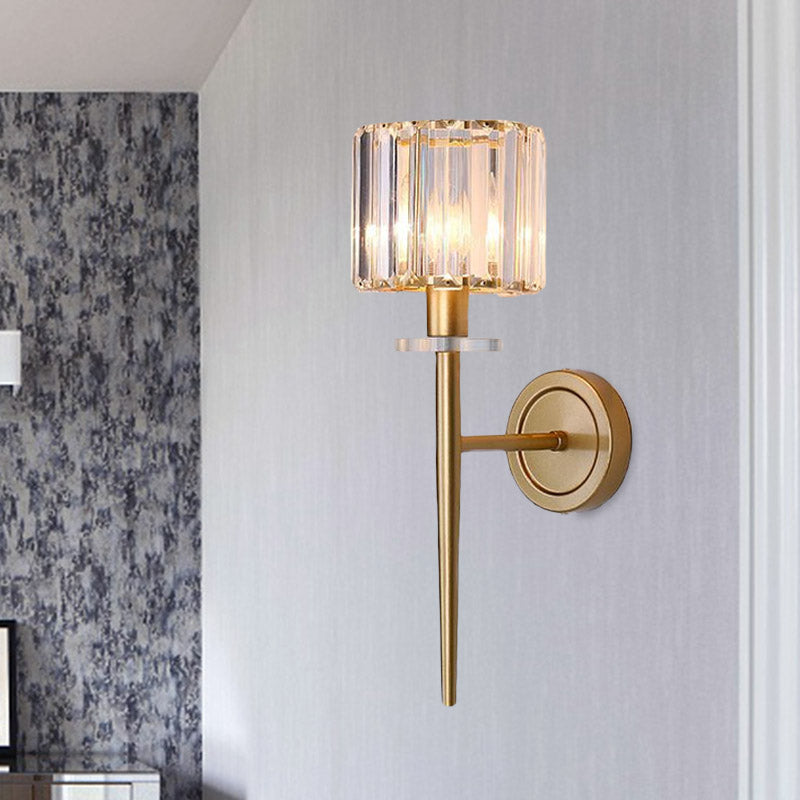 Gold Crystal Block Wall Sconce With Iron Pencil Arm - Cylindrical Design 1 Light Fixture