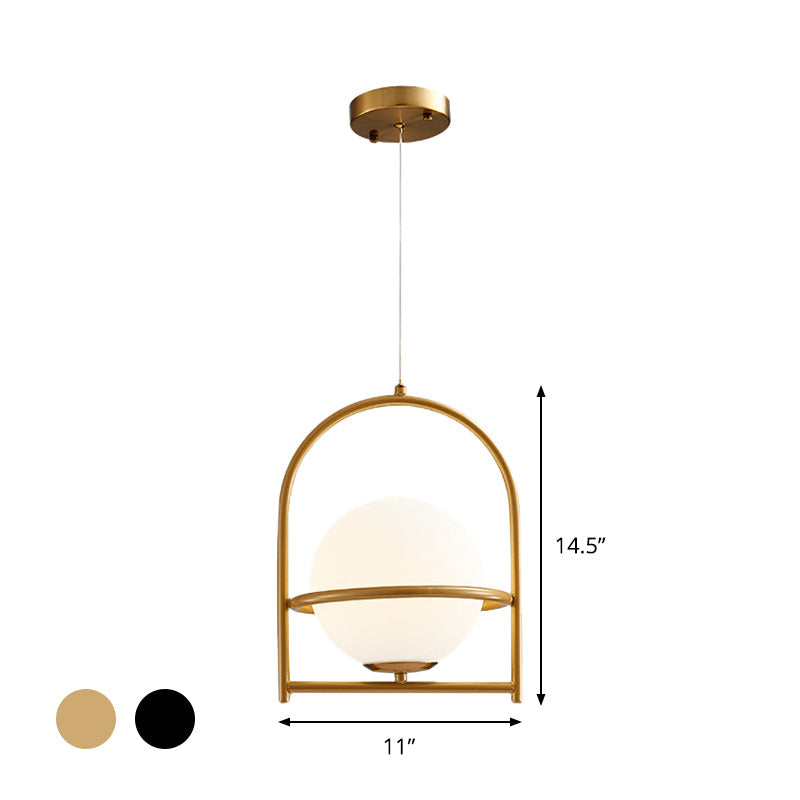 Modern Ball Suspension Light with Birdcage Design, Opal Glass, 1 Bulb, 9"/11" Wide, Bedside Ceiling Fixture - Black/Gold