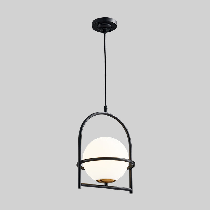 Modern Ball Suspension Light with Birdcage Design, Opal Glass, 1 Bulb, 9"/11" Wide, Bedside Ceiling Fixture - Black/Gold