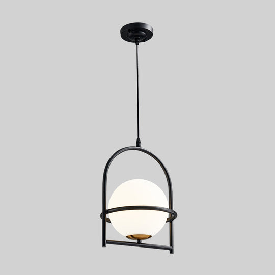 Modern Ball Suspension Light with Birdcage Design, Opal Glass, 1 Bulb, 9"/11" Wide, Bedside Ceiling Fixture - Black/Gold