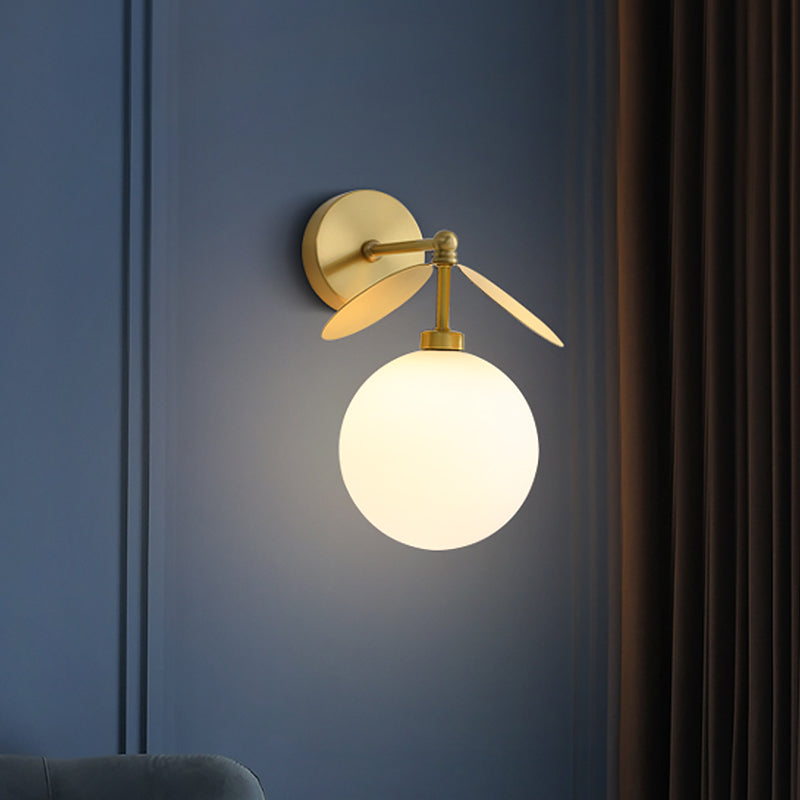 Modern Globe/Oval Wall Mount Lamp With Cream Glass - Brass Bedside Light Leaf Deco