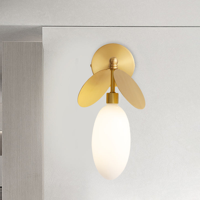Modern Globe/Oval Wall Mount Lamp With Cream Glass - Brass Bedside Light Leaf Deco / Oval