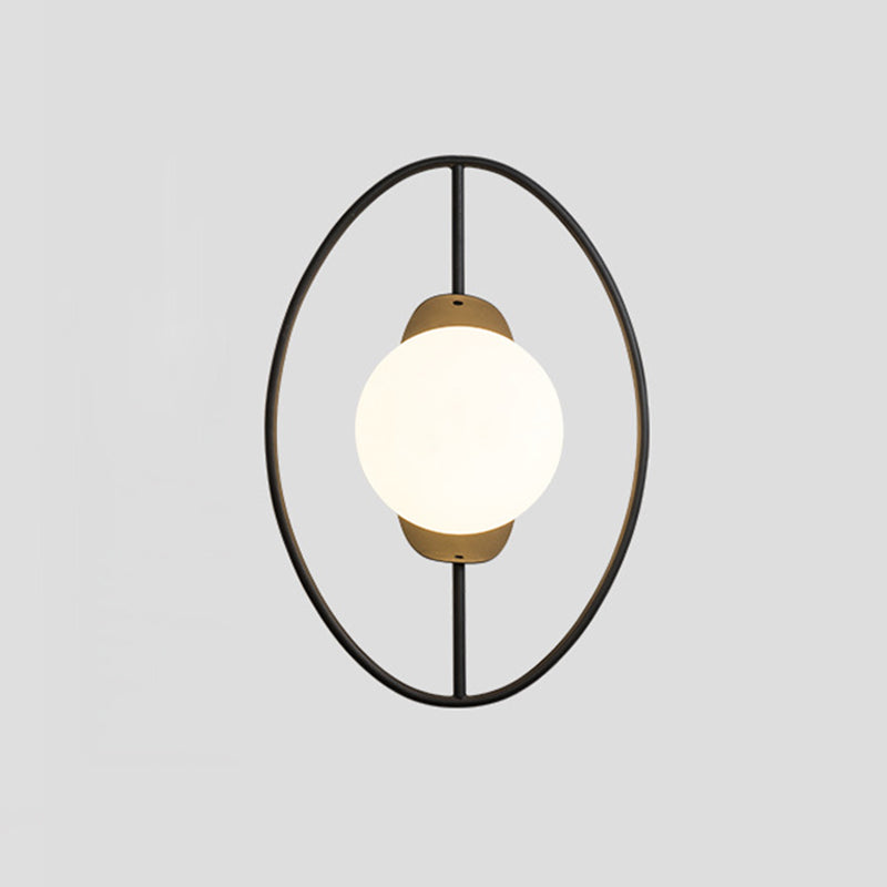 Minimalist Metal Halo Ring Sconce Lighting With Black/Gold Finish Orb White Glass Shade