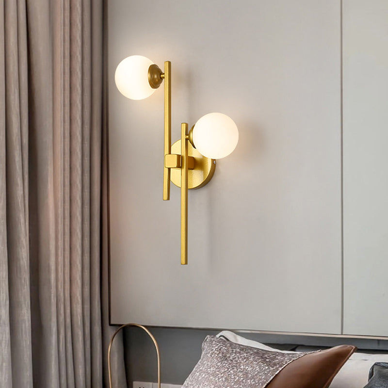 Modern Gold Wall Lamp With Opal Glass Shade - 2-Light Living Room Lighting