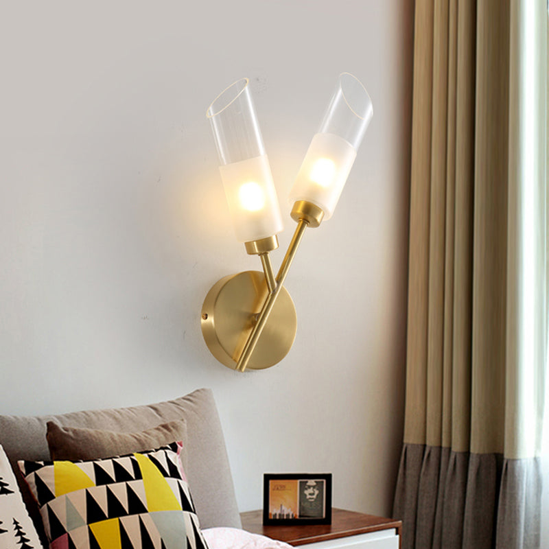 Modern Glass Wall Sconce With Beveled Tubes And 2-Light Brass Fixture