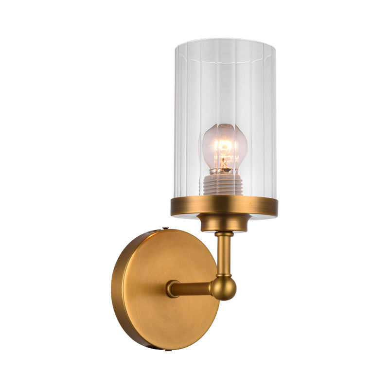 Postmodern 1-Head Brass Cylinder Wall Lighting With Clear Ribbed Glass Mount