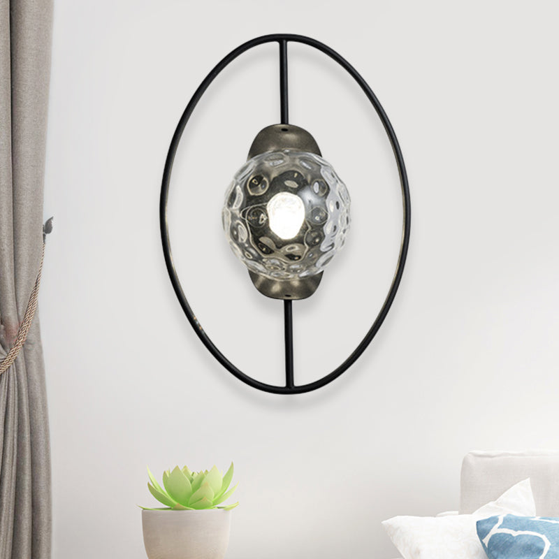 Modern Clear Glass Orb Sconce Lamp - 1-Bulb Black/Gold Wall Light With Ring Detail Black