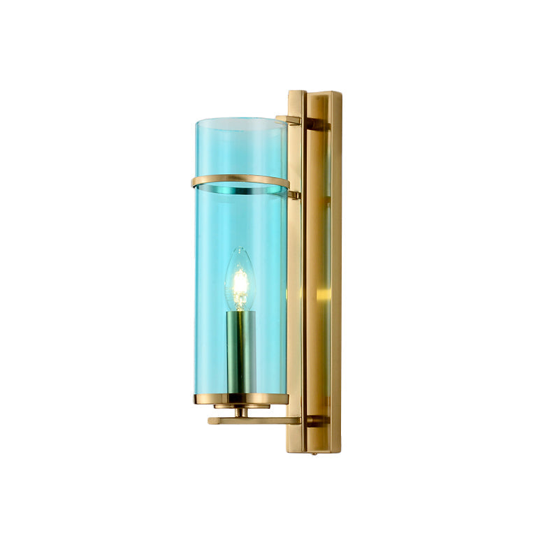 Modernist Brass Wall Lamp With Tubular Cognac/Water Blue Glass Shade - Bedroom Sconce Light Fixture