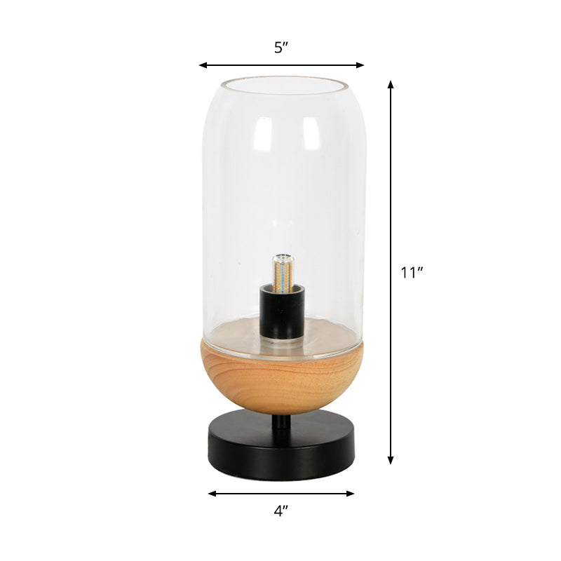 Sleek Led Table Lamp: Modern Black & Wood Cylinder Design With Clear Glass Shade