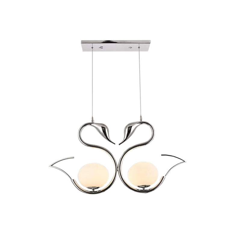 Modern Metal Swan Shape Pendant Light with Orb White Frosted Glass Shade - 2-Light Chrome Suspension Lamp