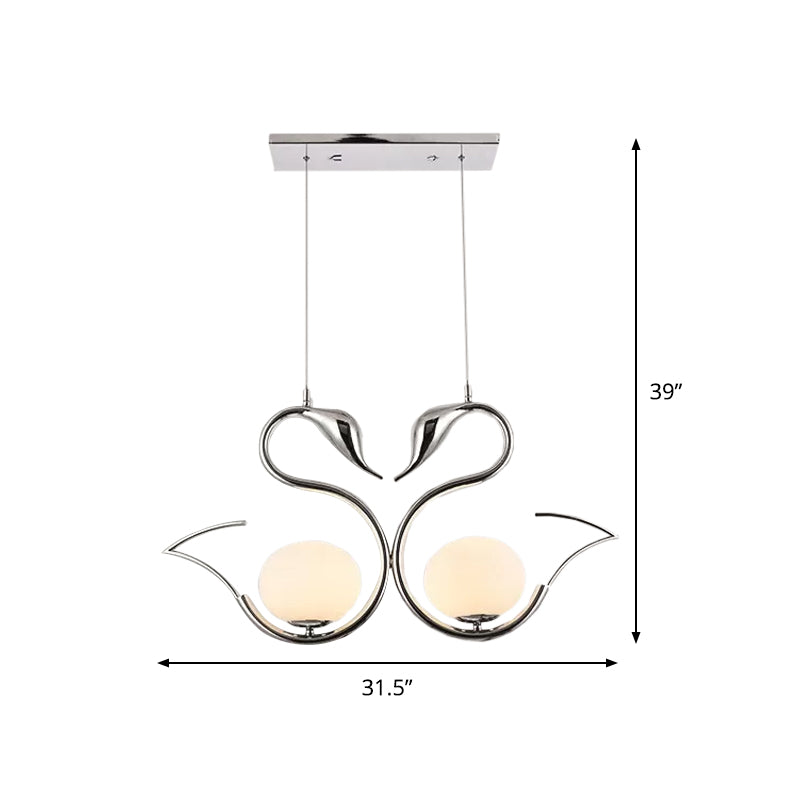 Modern Metal Swan Shape Pendant Light with Orb White Frosted Glass Shade - 2-Light Chrome Suspension Lamp