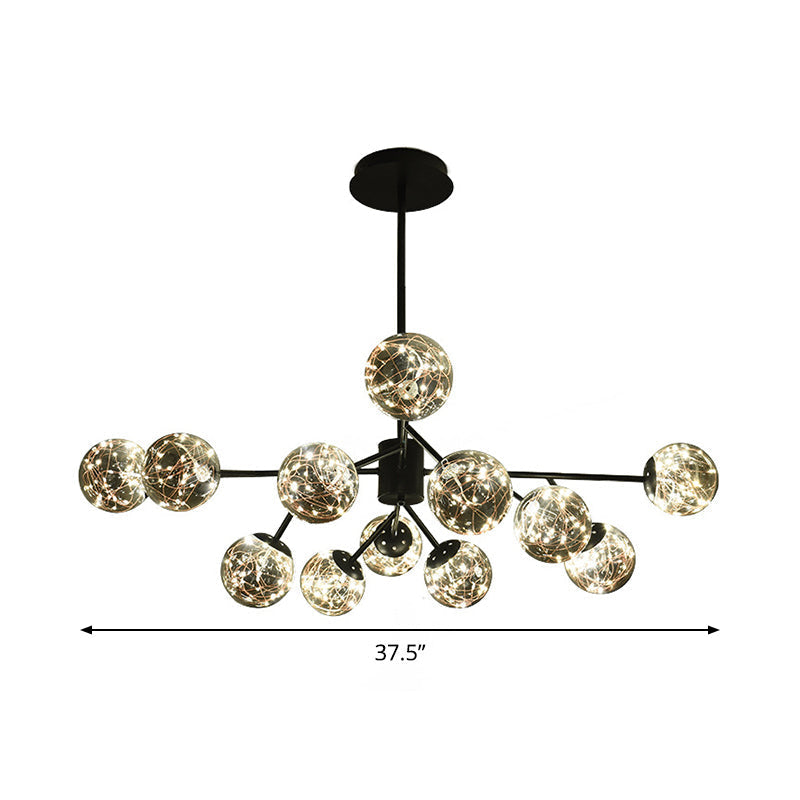 Modern Black Branch Chandelier With Smoke Gray Glass Shades 12-Light Living Room Hanging Lamp
