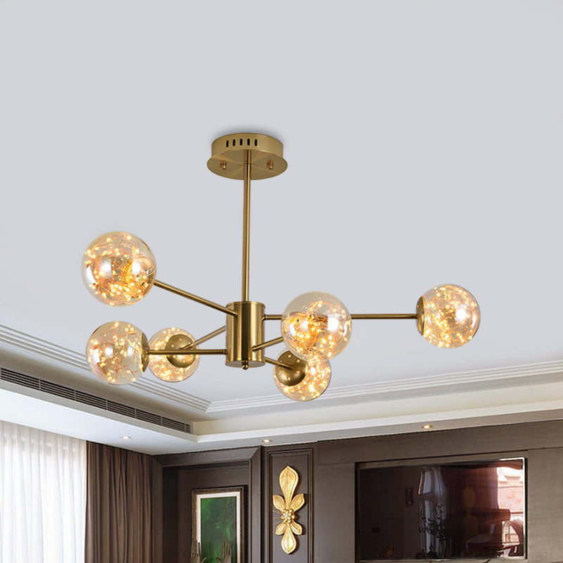 Modernist Amber Glass Ball Suspension Light 6/8 Heads Brass Sputnik Chandelier For Dining Room 6 /