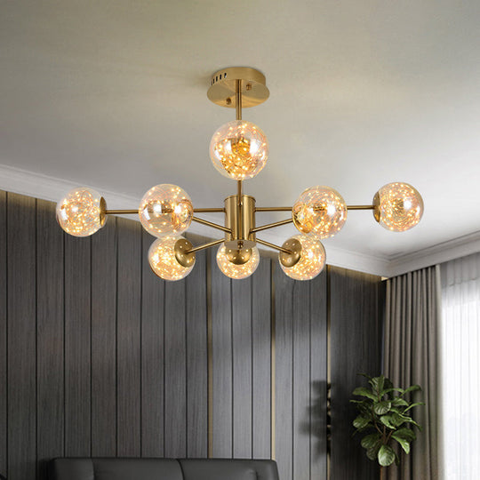 Modernist Amber Glass Ball Suspension Light 6/8 Heads Brass Sputnik Chandelier For Dining Room 8 /