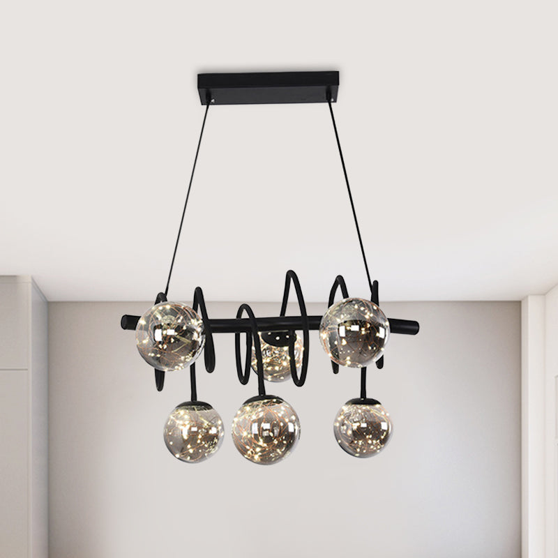 Modern Island Pendant Light with Smoke Gray Orb Glass Shade - Black Metal, LED Bulbs - Ideal for Dining Room