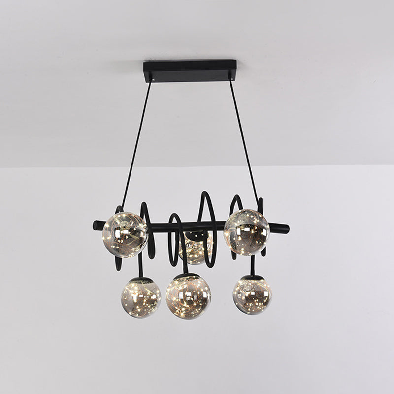 Sleek 6-Bulb Metal Island Pendant Light With Smoke Gray Glass Shade For Modern Dining Rooms