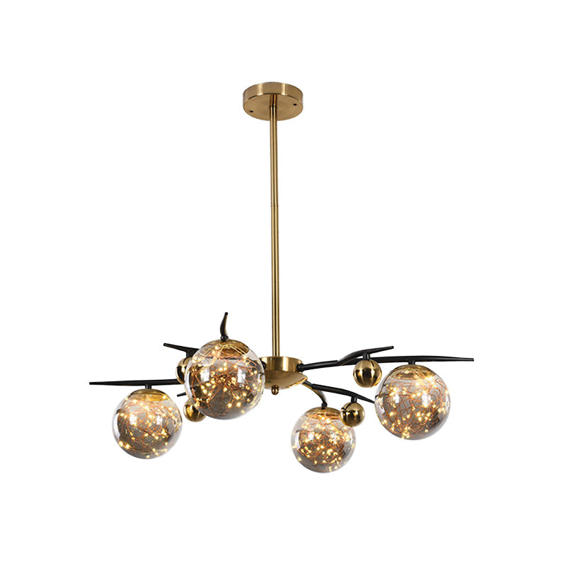 Contemporary Brass Globe Chandelier with Glowworm Design - 4/6 Lights, Smoke Gray Glass - Radial Suspension Lamp