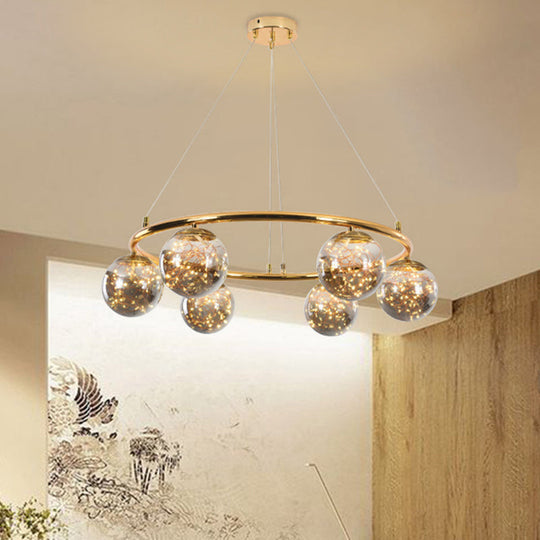 Modernist Smoke Gray Glass Ball Chandelier With Brass Ring - 6 Heads Hanging Lighting And Unique