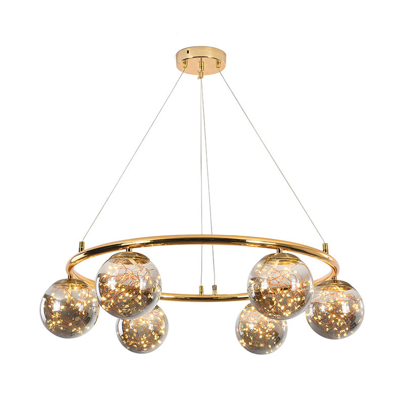 Modernist Smoke Gray Glass Ball Chandelier - 6 Head Brass Ring Pendant Light with Unique Glowworm Design