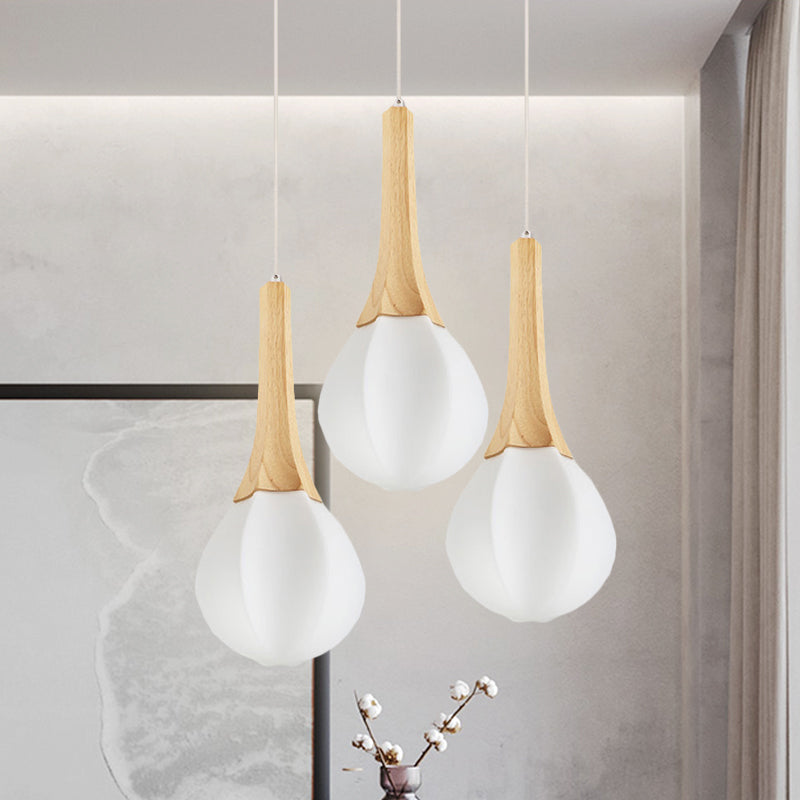 Frosted Glass Ice Cream Shape Pendant Light with Wood Ceiling Fixture and 3 Bulbs