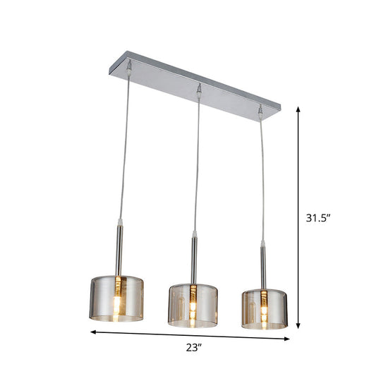 Modern Chrome Pendant Light With Clear Glass Drum Shade - 3 Bulb Multi-Suspension For Restaurants