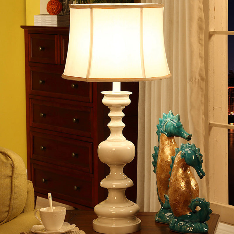Traditional Style Fabric White Nightstand Lamp With Baluster Base And Drum Shade - 1 Light