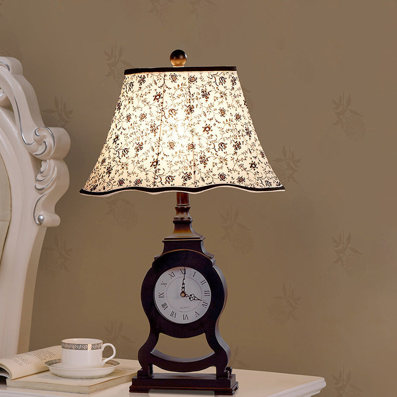 Reagan - Black Black 1-Bulb Desk Lamp Classic Fabric Flared Flower Patterned Table Light with Clock Design