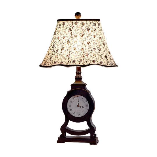 Black Fabric Desk Lamp With Clock Design & Flared Flower Pattern - Classic Table Light