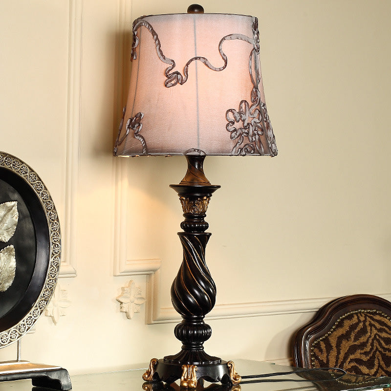 Black Drum Nightstand Lamp With Swirl Fabric Pattern & Blaster Base - Classic Design