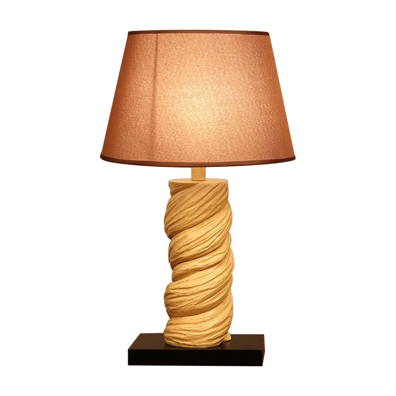 Conic Fabric Night Table Lamp - Traditional 1-Light Bedroom Desk Light In White/Brown With Resin
