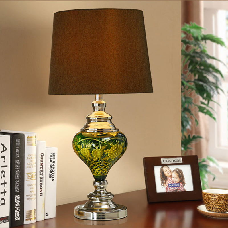 Country Style 1-Light Desk Lamp With Tapered Drum Fabric Shade Brown Nightstand Light Vase Base