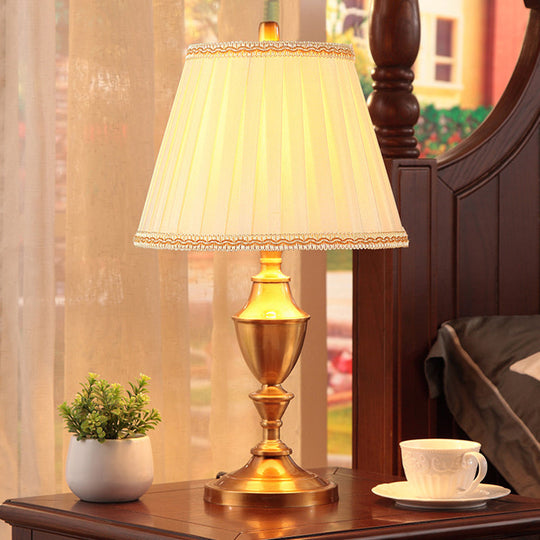 Rustic Brass Night Table Lamp With Fabric Pleated Lampshade And Urn Base - 1 Head Desk Light