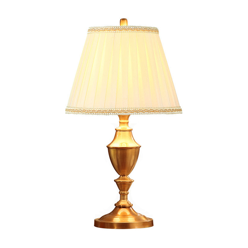 Lucie - Brass Night Table Lamp: Rustic Fabric Pleated Lampshade, Desk Light