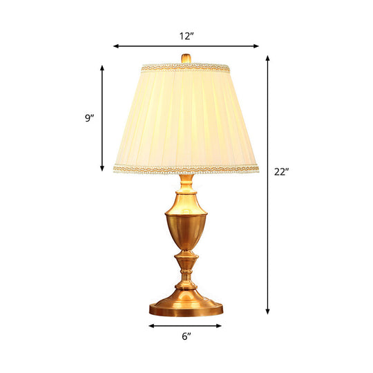Rustic Brass Night Table Lamp With Fabric Pleated Lampshade And Urn Base - 1 Head Desk Light