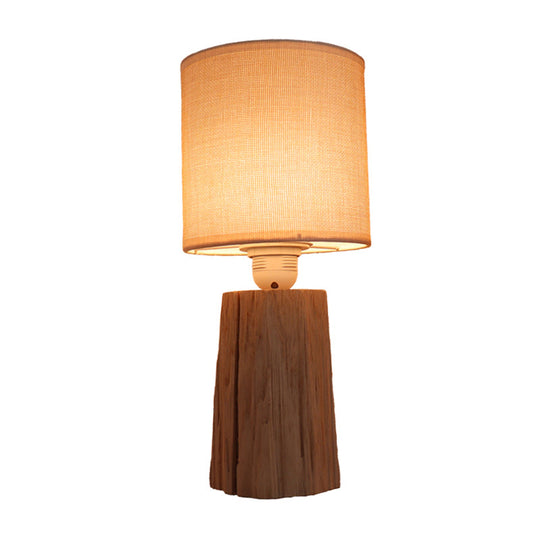 Classic Style Cylinder Fabric Bedroom Night Light With Wood Nightstand