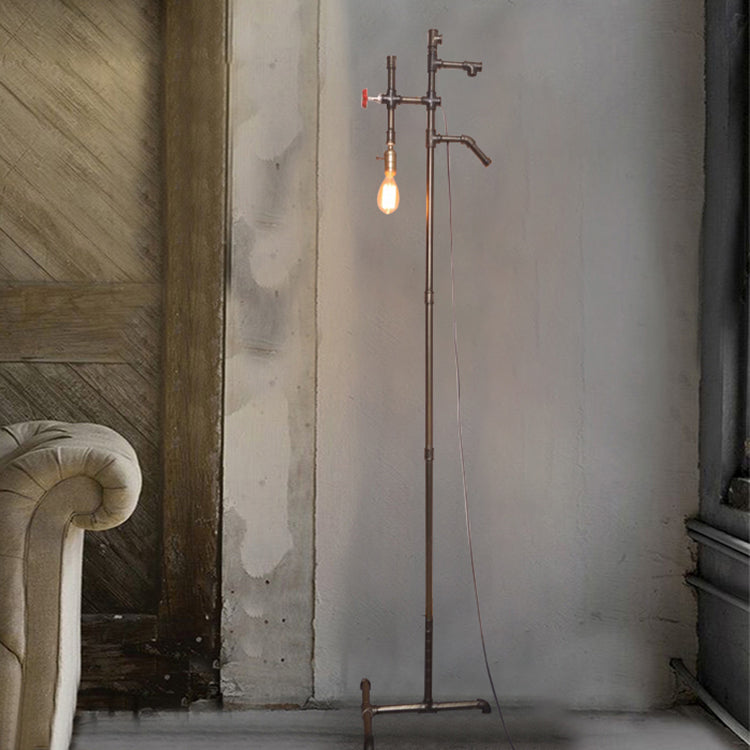 Industrial Stylish Bronze Finish Floor Lighting With Water Pipe - 1 Bulb Wrought Iron Standing Light