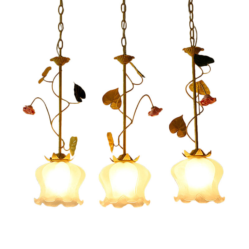 Pastoral Frosted Glass Pendant Light Cluster With Green 3 Downward Lights Lettuce Edge And