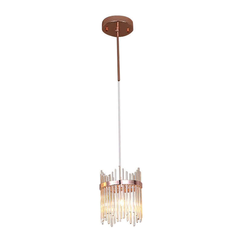 Modernist Crystal Rod Pendant Lamp In Rose Gold With 1 Bulb Suspension Light
