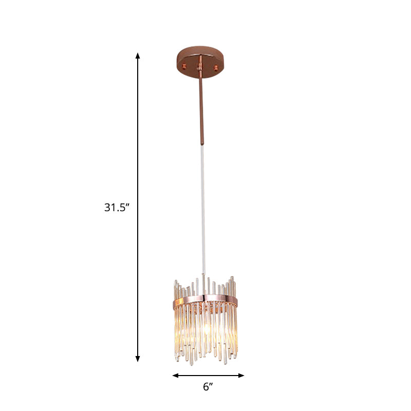Modernist Crystal Rod Pendant Lamp In Rose Gold With 1 Bulb Suspension Light