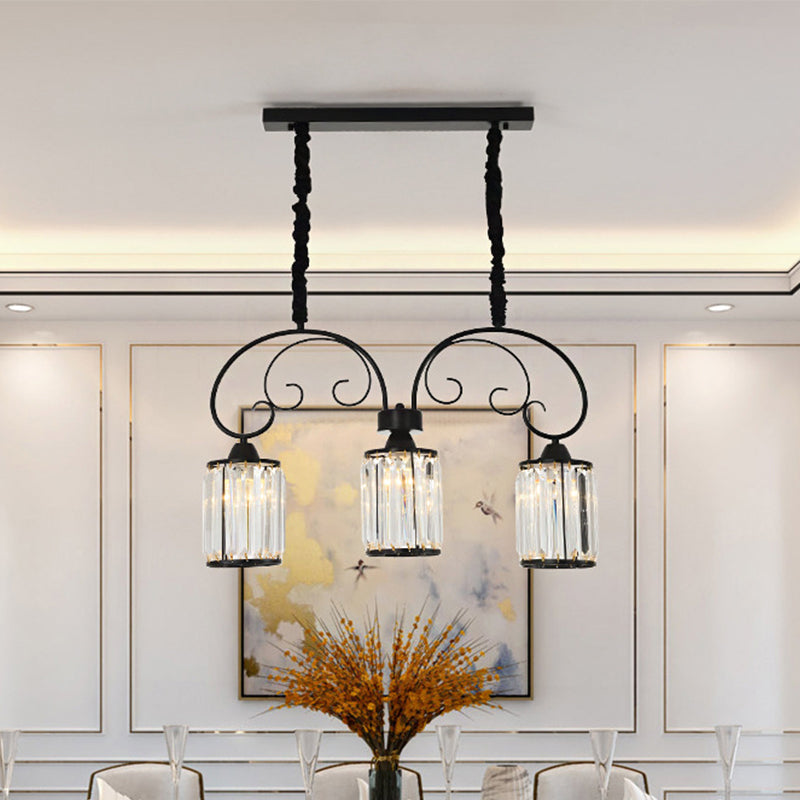 Modern Island Light - 3 Head Black Pendant With Clear Crystal Blocks And Scrolling Arm