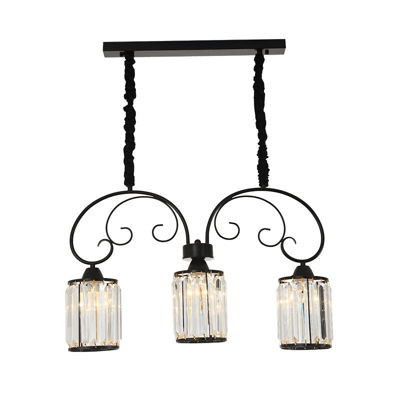 Modern Island Light - 3 Head Black Pendant With Clear Crystal Blocks And Scrolling Arm