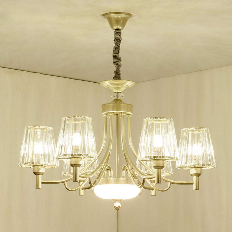 Gold Minimalist Cone Pendant Light with Clear Crystal Blocks - 3/6 Bulbs - Perfect for Bedroom