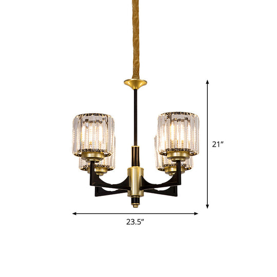 Modern Black And Gold Cylinder Chandelier With Clear Crystal Glass - 4/6 Head Dining Room Pendant