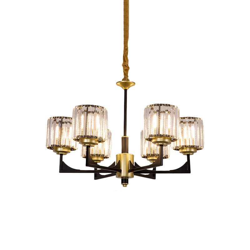 Modern Black & Gold Cylinder Chandelier with Clear Crystal Glass - 4/6 Head Dining Room Pendant